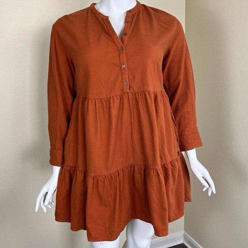Madewell Women's Size XL Warm Nutmeg Flannel Mini Babydoll Tiered Dress Pockets